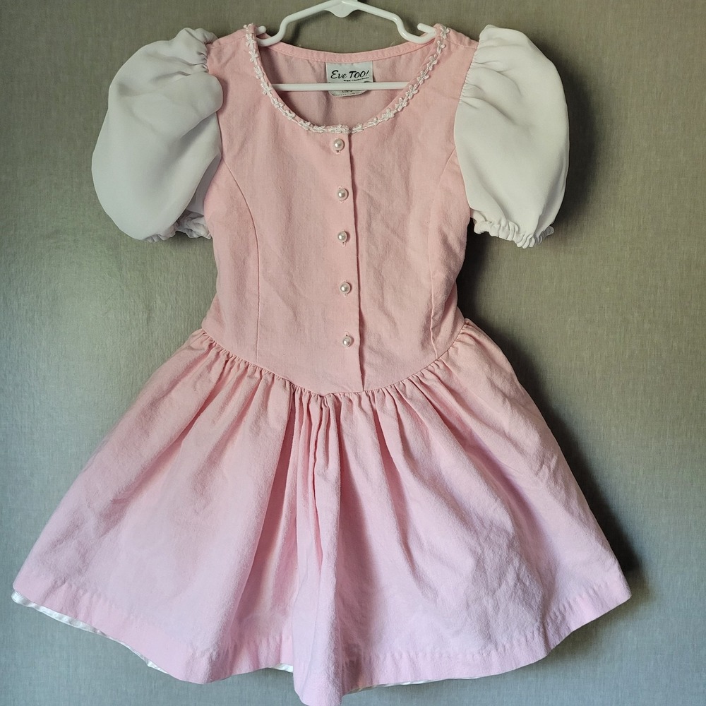 Vintage 80s/90s Eve Too! Pink & White Puff Sleeve Dress | Cottagecore Coquette